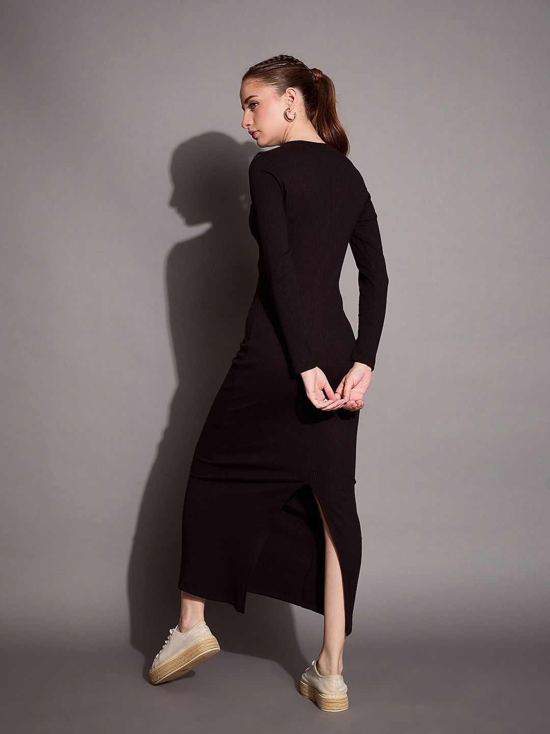 SASSAFRAS BASICS Solid Round neck Bodycon Maxi Dress