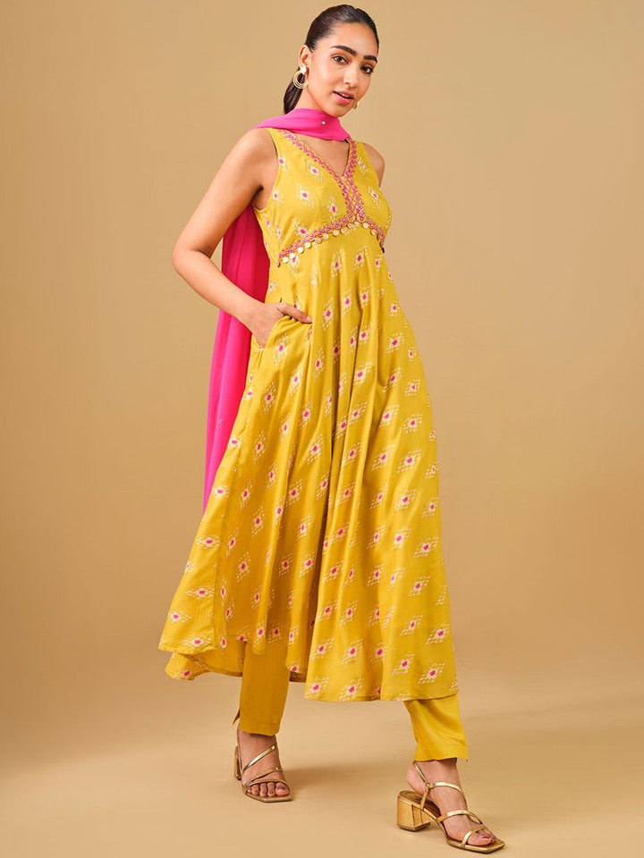 Global Desi Ethnic Motifs Printed Mirror Work Anarkali Kurta with Trousers & Dupatta