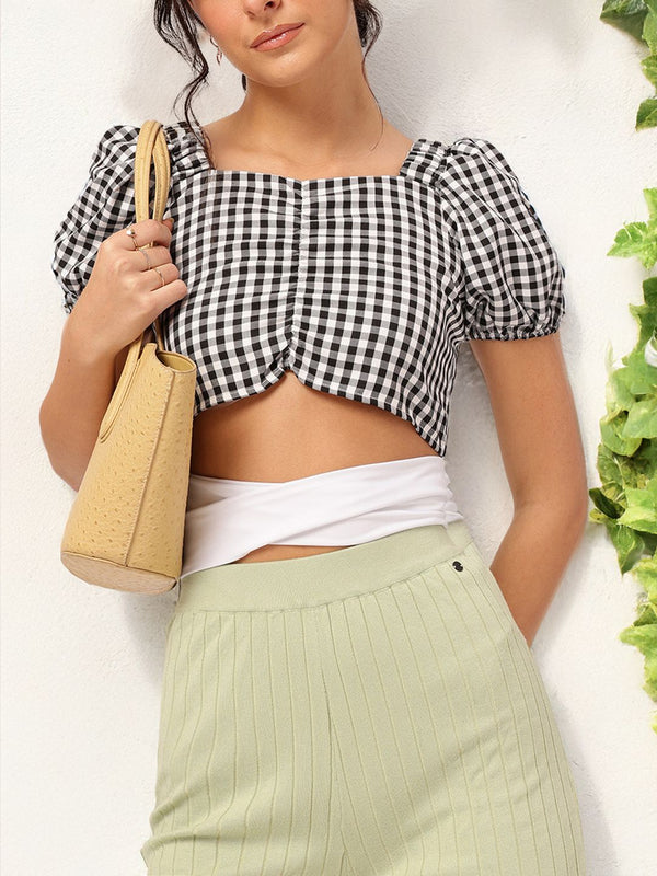 DressBerry Midnight Gingham Flossed Dip Ruched Glam Crop Top