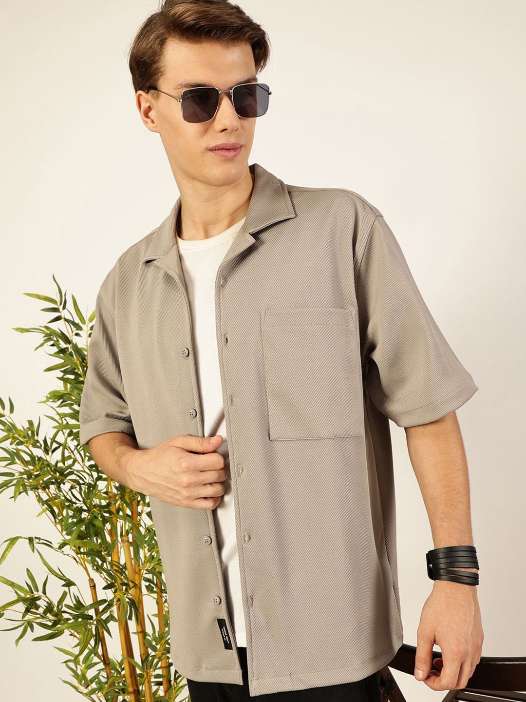 Thomas Scott Men Premium Cuban Collar Textured Casual Shirt