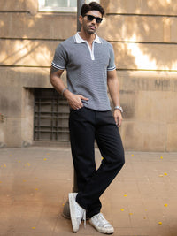 Powerlook Men Black Knitted Zipper Polo Collar Regular Fit T-shirt