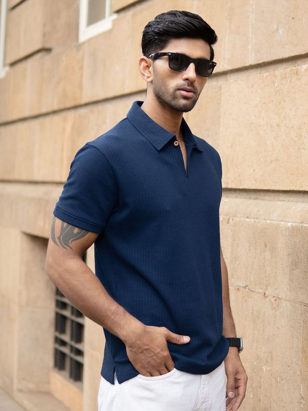 Powerlook Men Navy Structured Polo T-Shirt