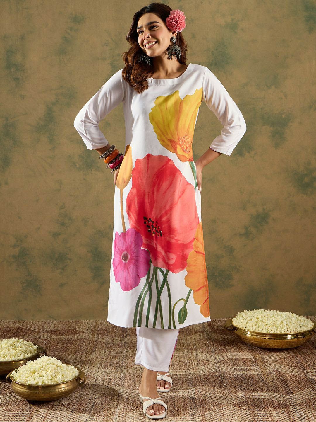 Indo Era Floral Straight Printed Kurta with Trousers