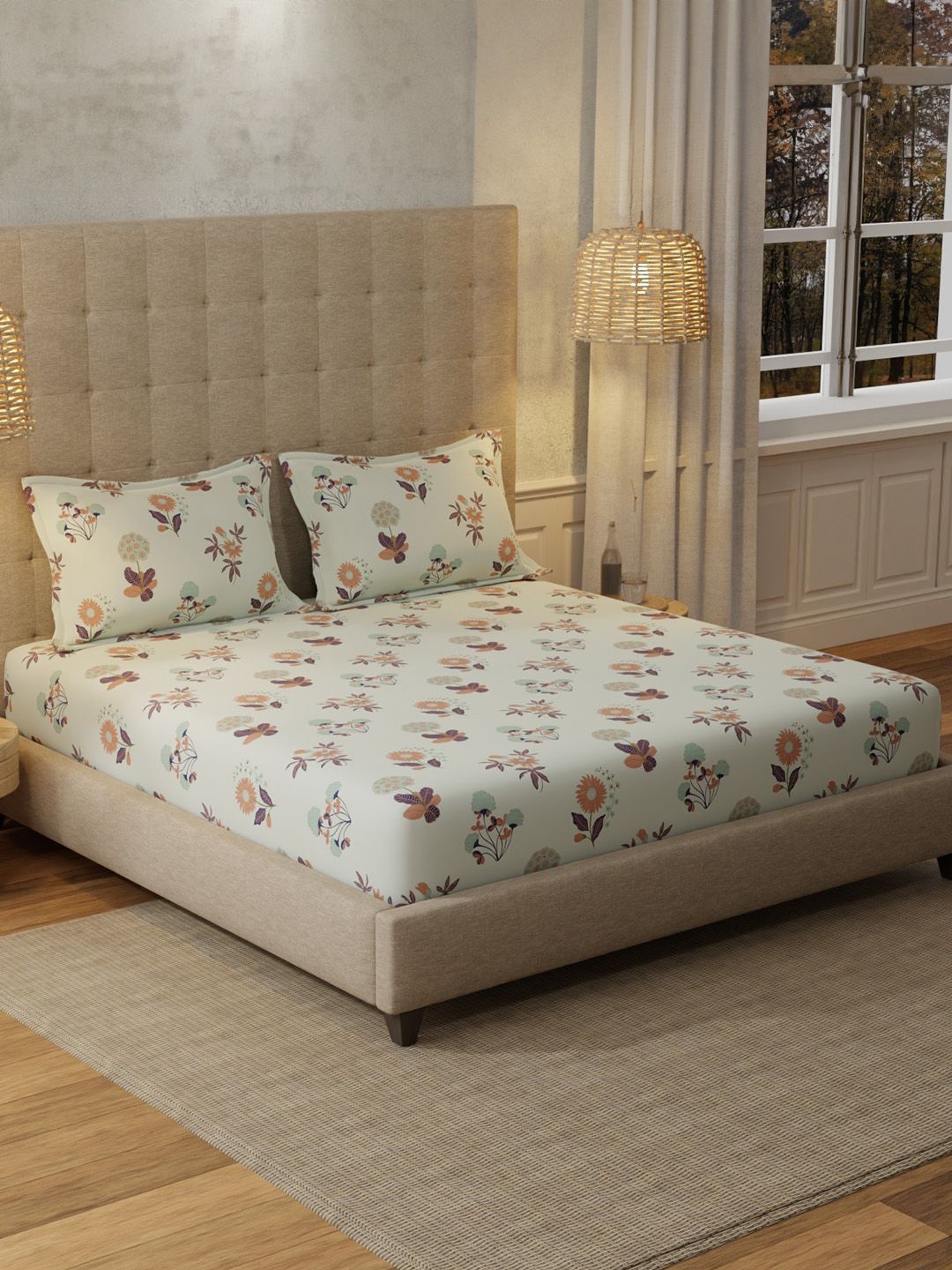 URBAN SPACE Grey Floral 200 TC Cotton King Bedsheet Set 2.74m x 2.74m