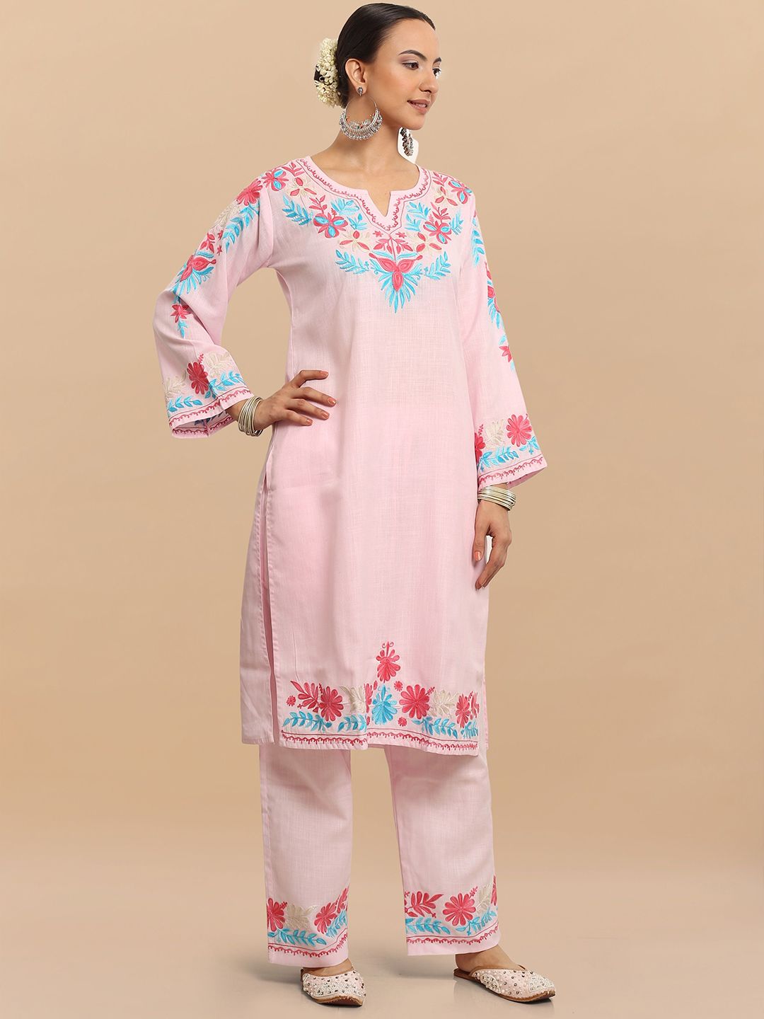 HOUSE OF KARI Floral Embroidered Thread Work Falak Kashmiri Straight Kurta With Trousers