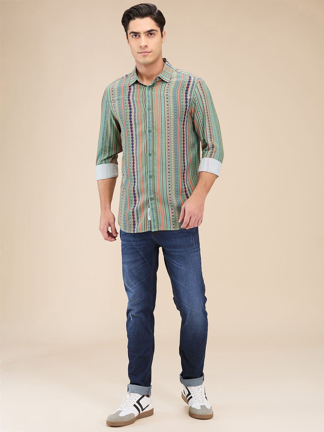 Being Human Men Spread Collar Vertical Striped Cotton Slim Fit Casual Shirt