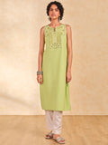 Global Desi Geometric Yoke Design Sleeveless Notch Neck Thread Work Straight Kurta