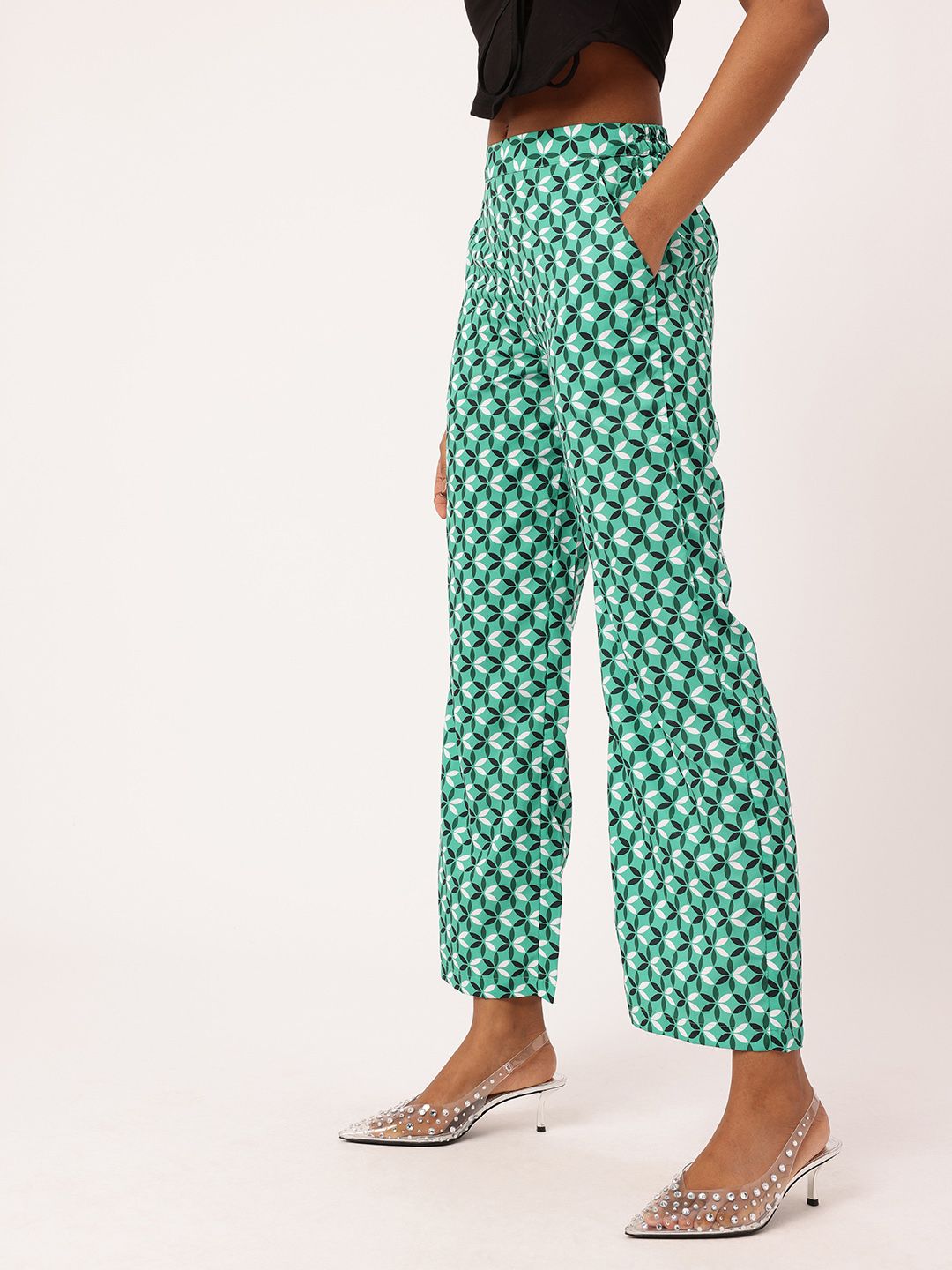 DressBerry Women Emerald Geometric Relaxed Wide Leg Trousers