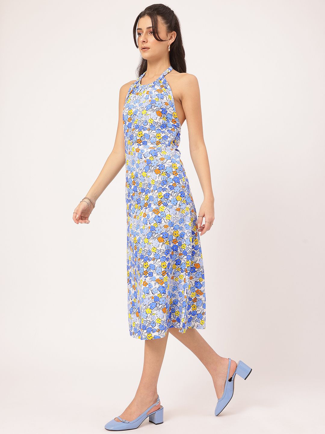 DressBerry Flirty Fusion Floral-Printed Halter Neck Open-Back Sheath Midi Dress