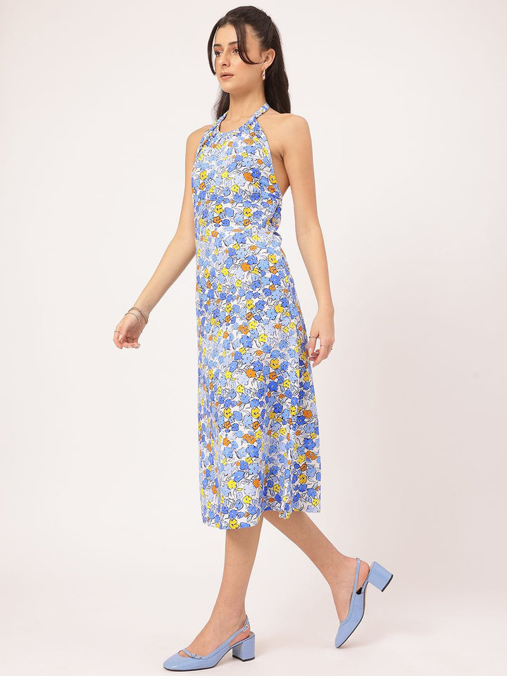 DressBerry Flirty Fusion Floral-Printed Halter Neck Open-Back Sheath Midi Dress