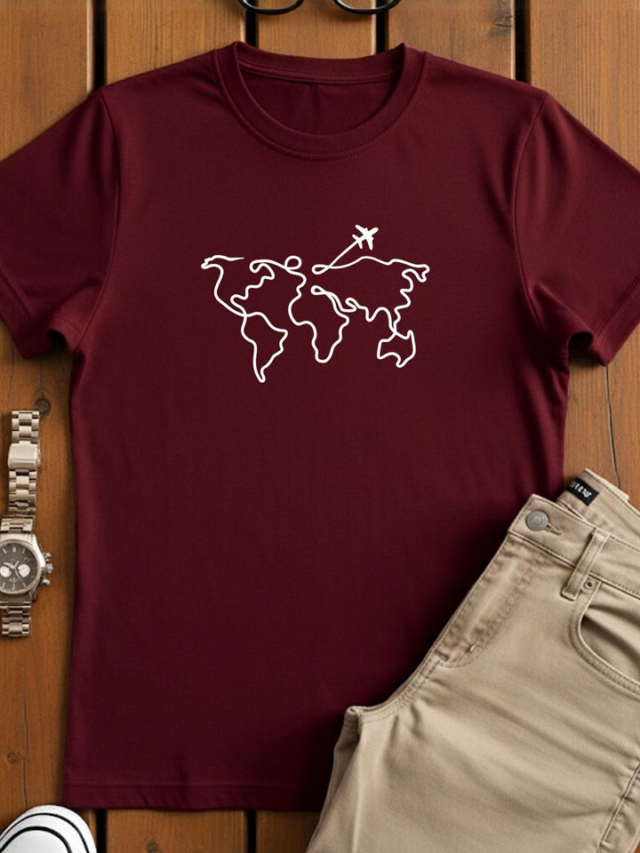 ADRO Wanderlust World Map Graphic Printed Round Neck Skin-Friendly Regular Fit T-shirt