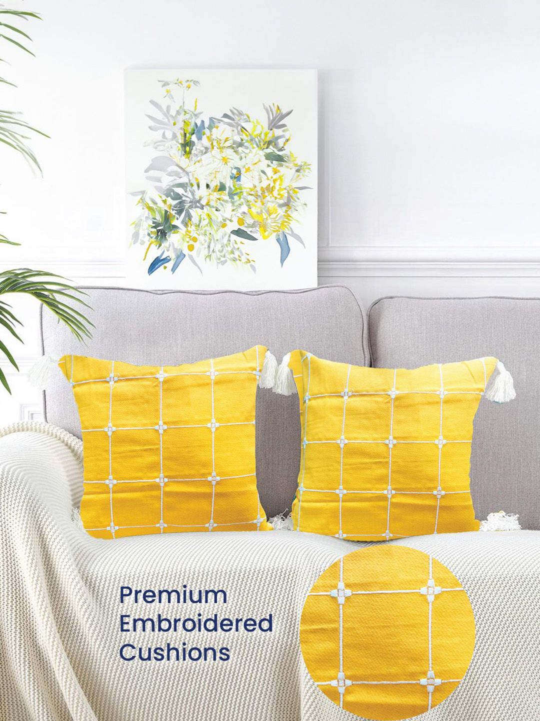 URBAN SPACE Yellow & White 2 Pieces Embroidered Pure Cotton Square Cushion Covers