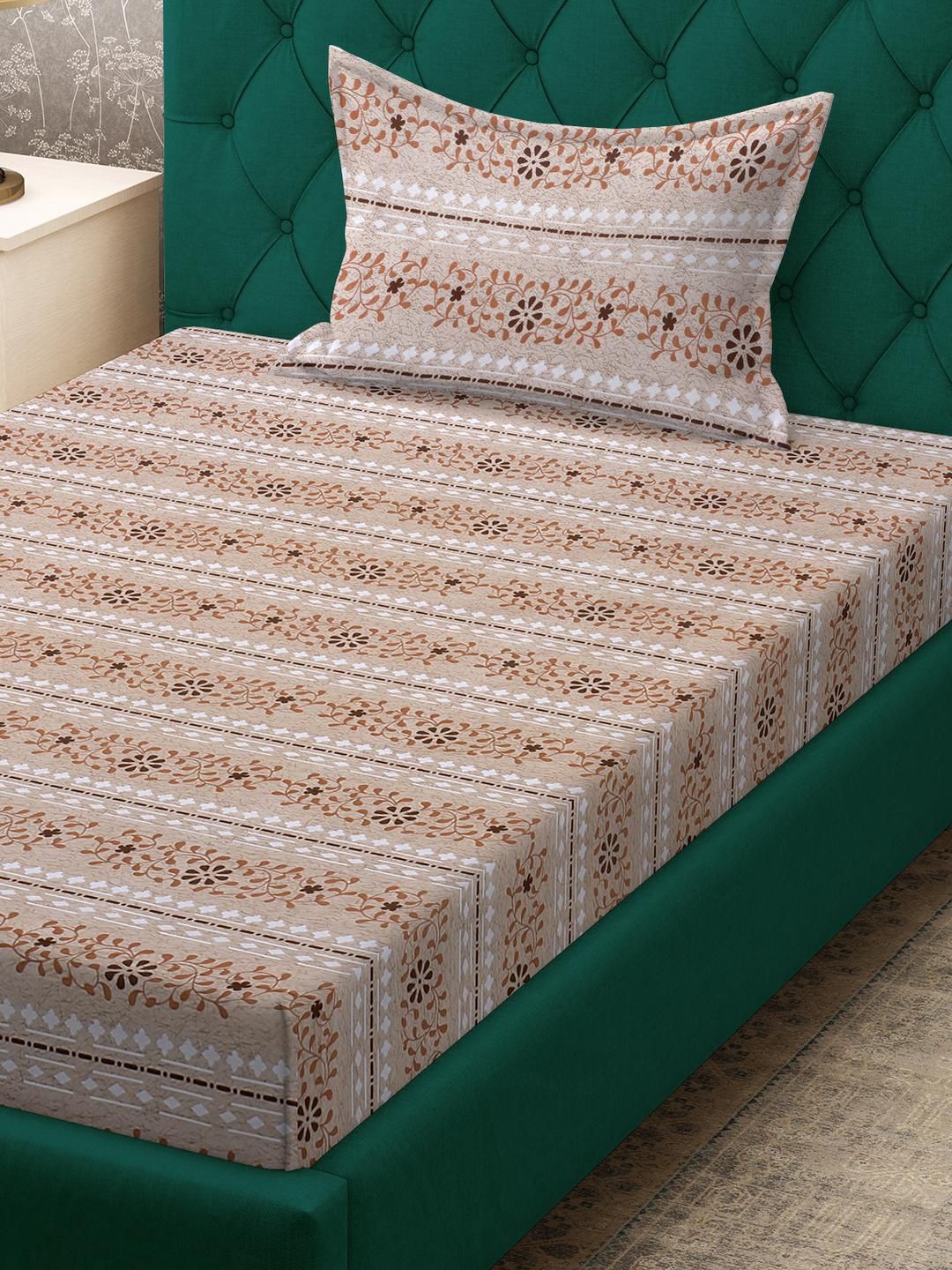 KLOTTHE Beige Floral Cotton Single Bedsheets
