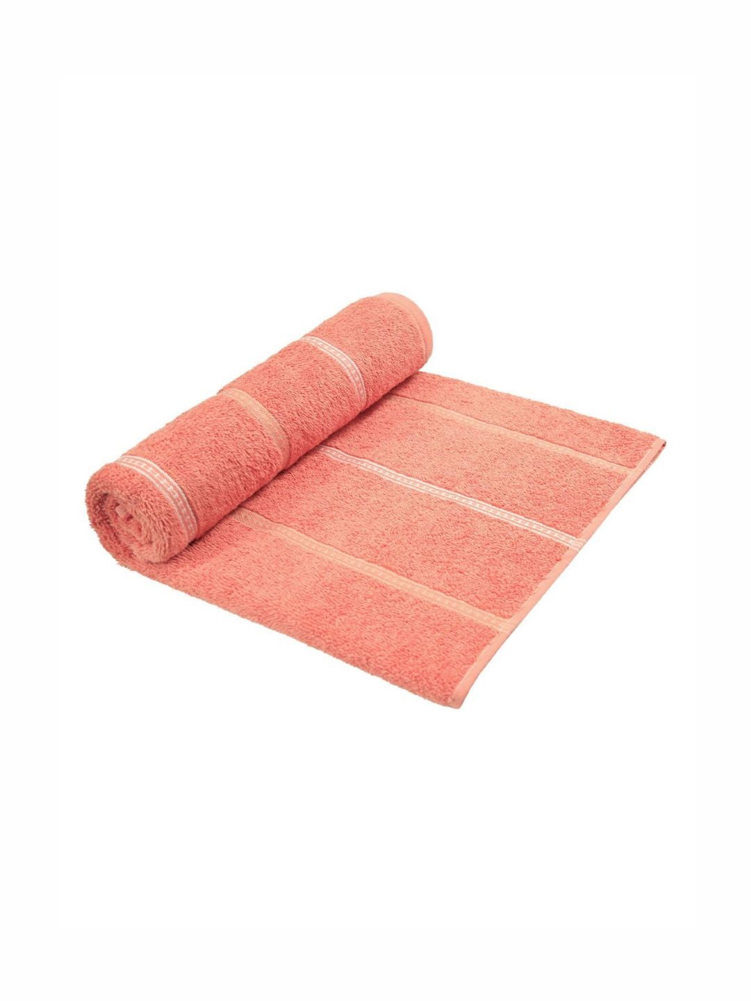MYTRIDENT Peach-Coloured & White Striped Cotton 450 GSM Bath Towel