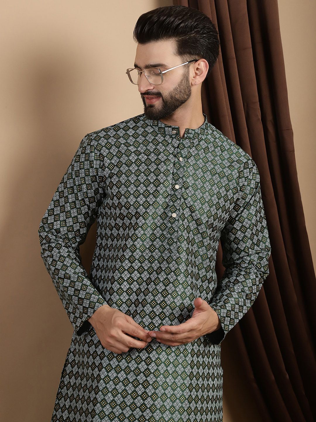 Anouk Geometric Printed Mandarin Collar Regular Straight Kurta With Churidar