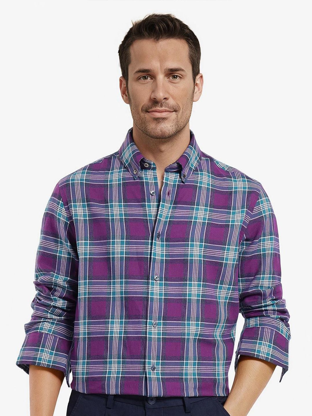 RARE RABBIT Men Comfort Button-Down Collar Tartan Checked Cotton Casual Shirt