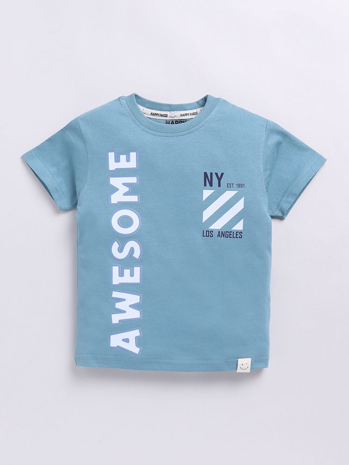 Happy Faces Boys Pure Cotton Typography Printed T-shirt