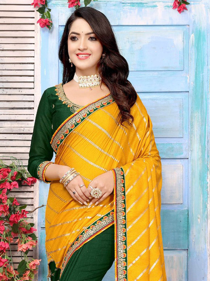 Saree mall Striped Sequinned Silk Blend Yellow Sarees