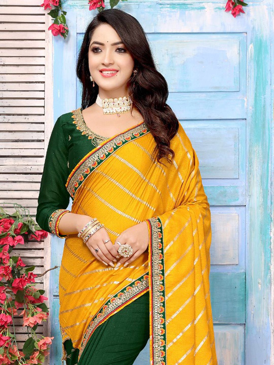 Saree mall Striped Sequinned Silk Blend Yellow Sarees
