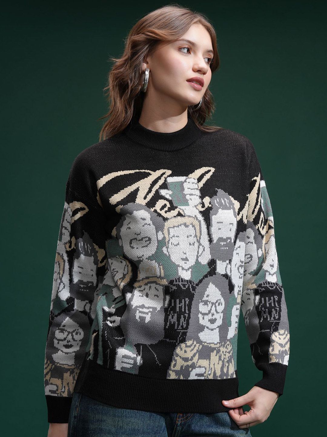 Tokyo Talkies Wanita Leher Reka Bentuk Diri Sweater Bercetak Sweater