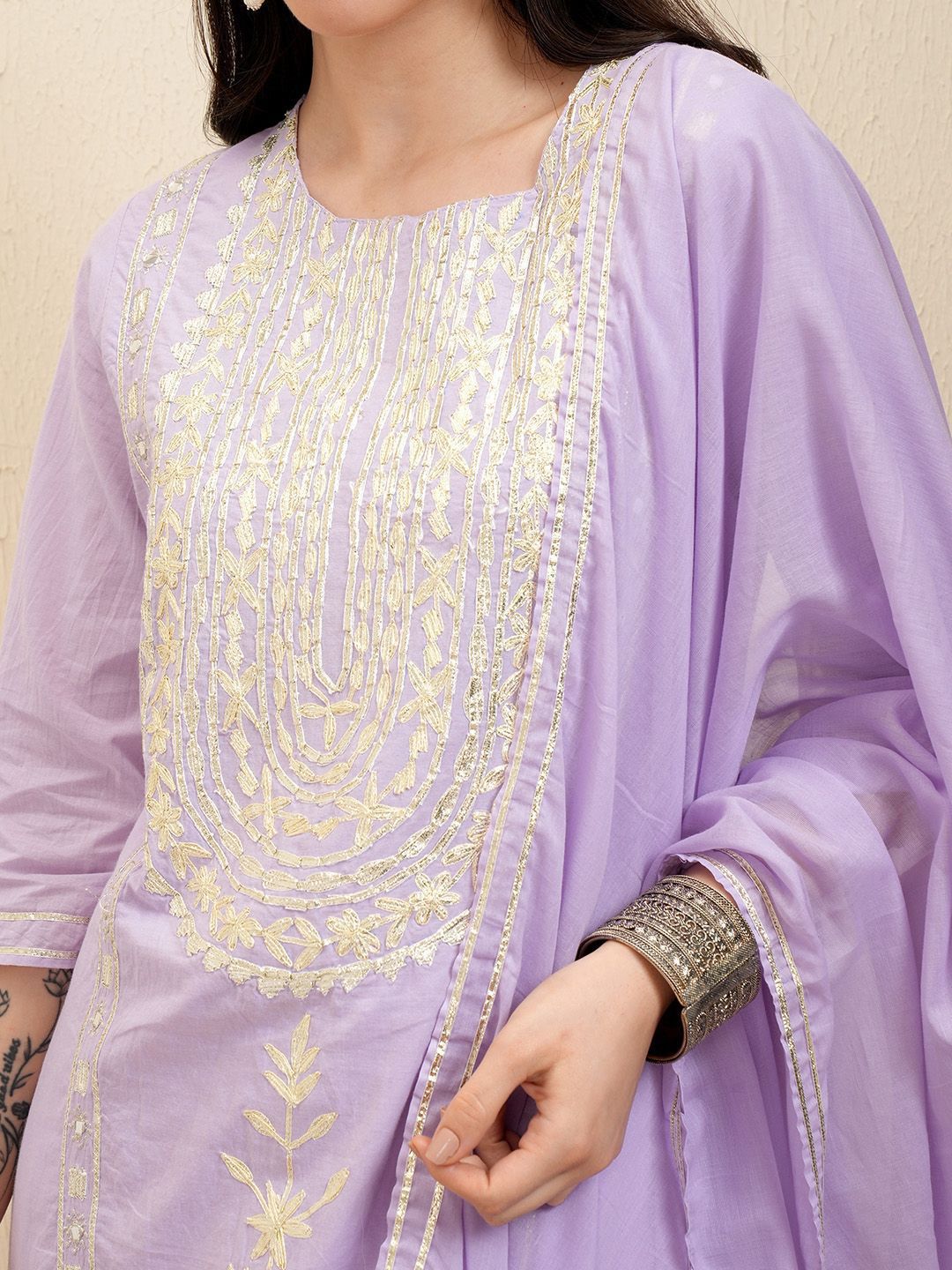 Vishudh Lavender Embroidered Pure Cotton Straight Kurta With Trousers & Dupatta