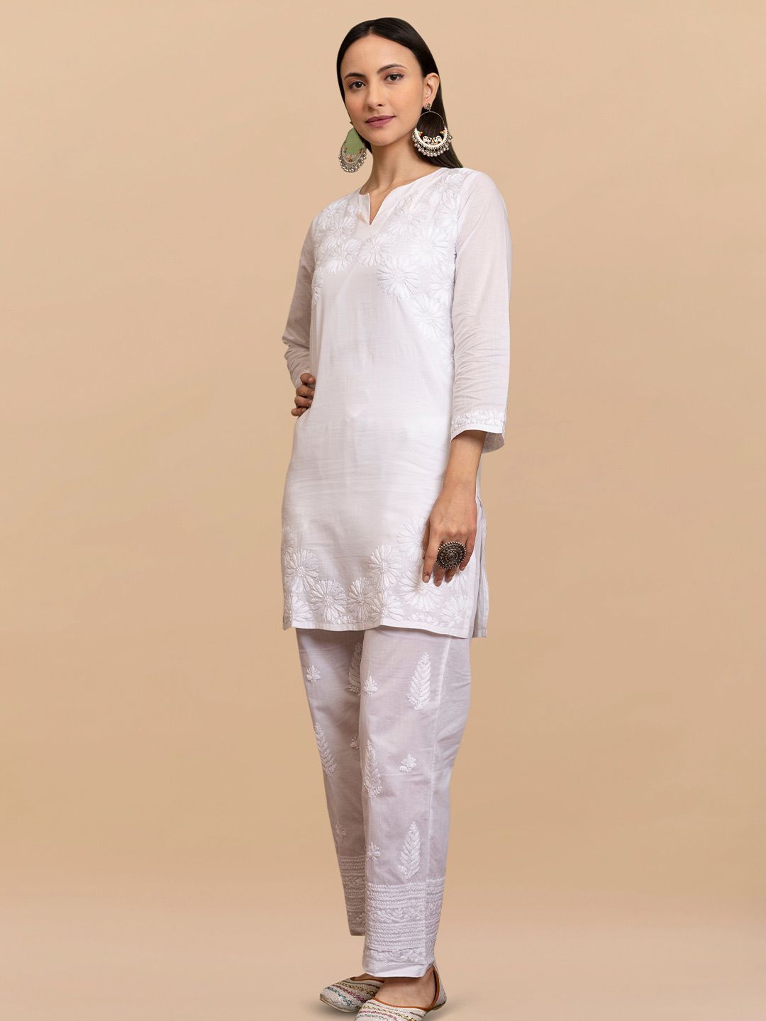 HOUSE OF KARI Floral Embroidered Cotton Chikankari A-Line Short Kurta