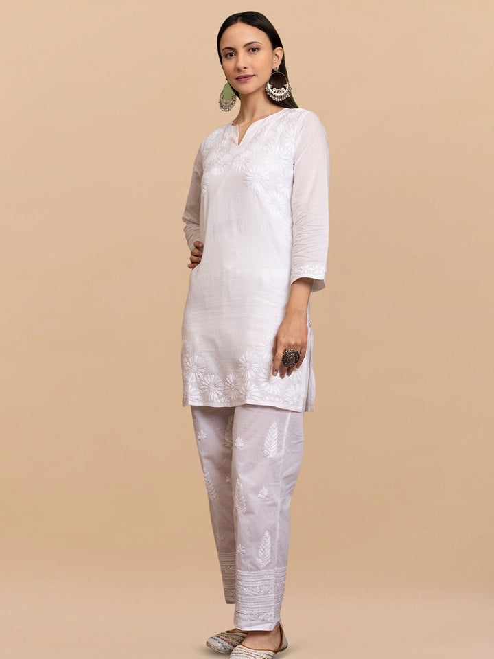 HOUSE OF KARI Floral Embroidered Cotton Chikankari A-Line Short Kurta