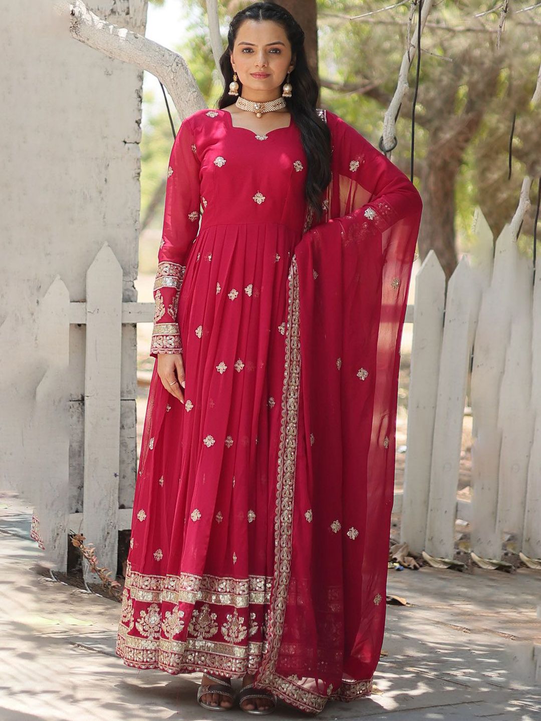 KALINI Embroidered Georgette Anarkali Kurta With Dupatta