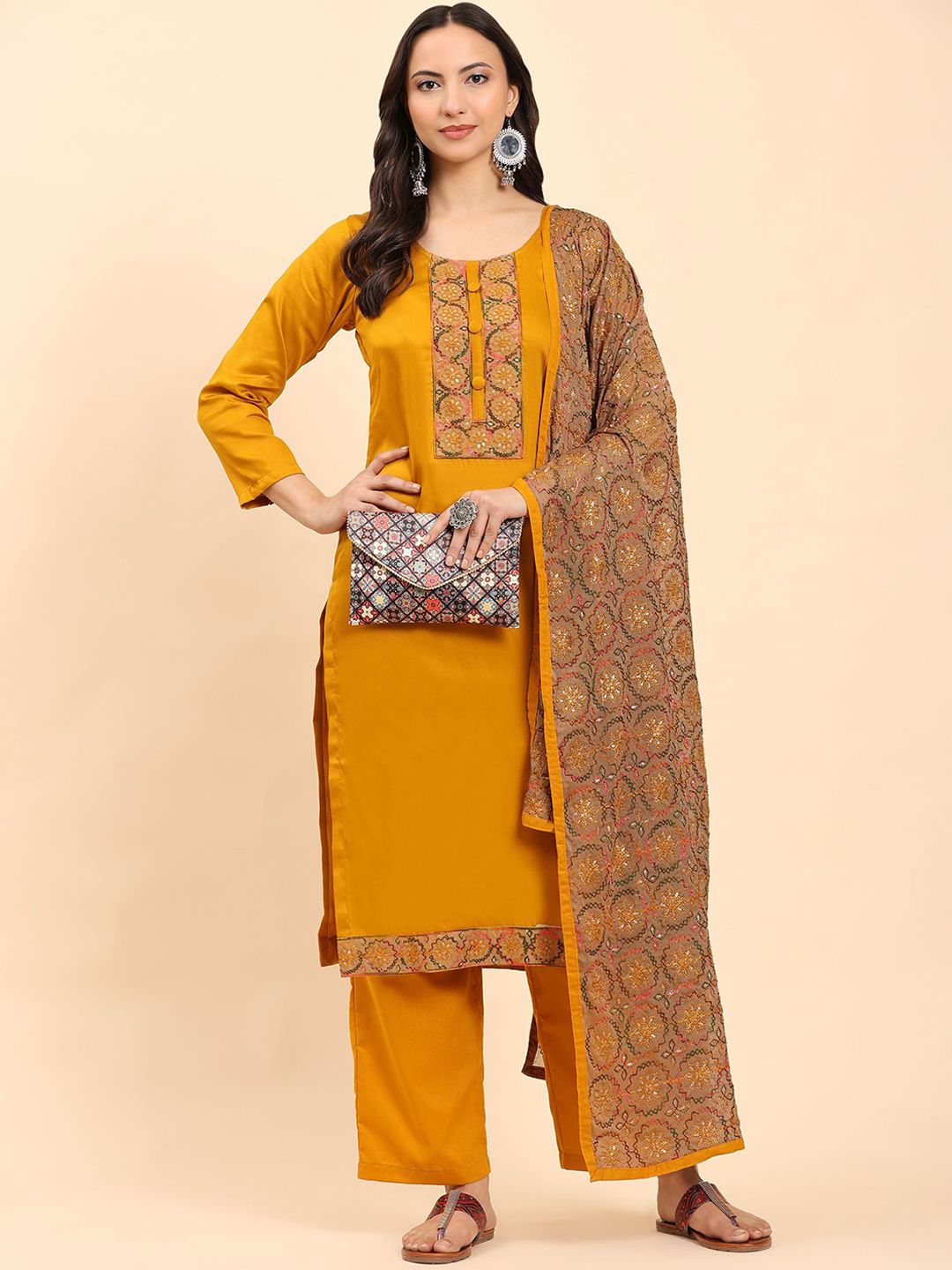 Mamicha Women Ethnic Motifs Embroidered Regular Thread Work Pure Cotton Kurta with Palazzos & With Dupatta
