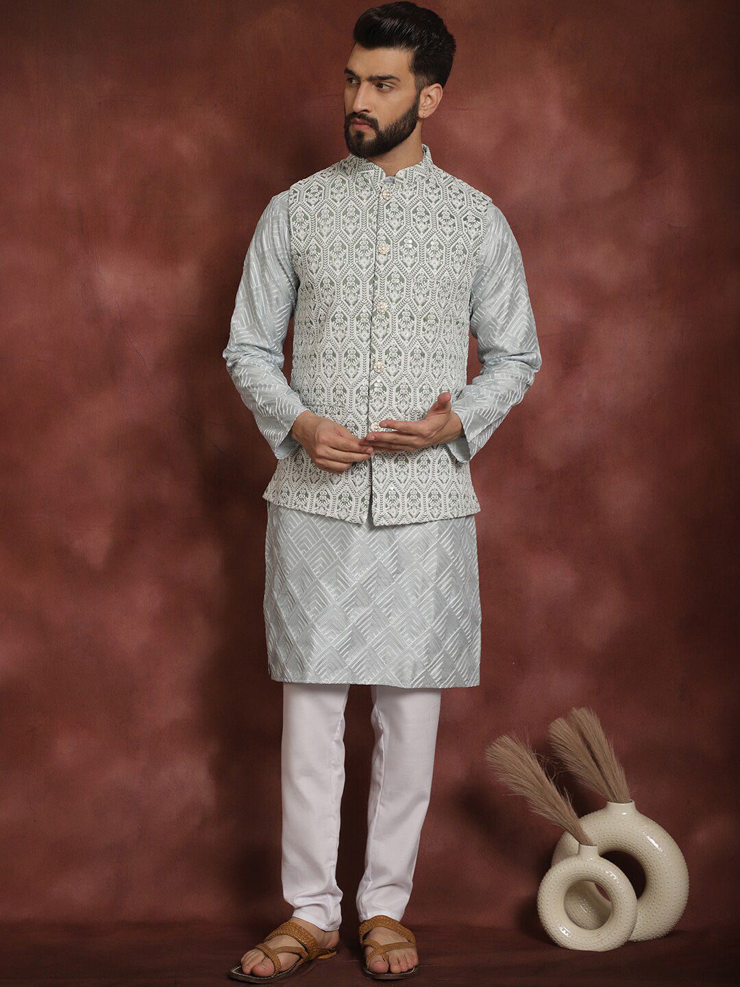 Anouk Embroidered Regular Thread Work Kurta Churidar with Nehru jacket