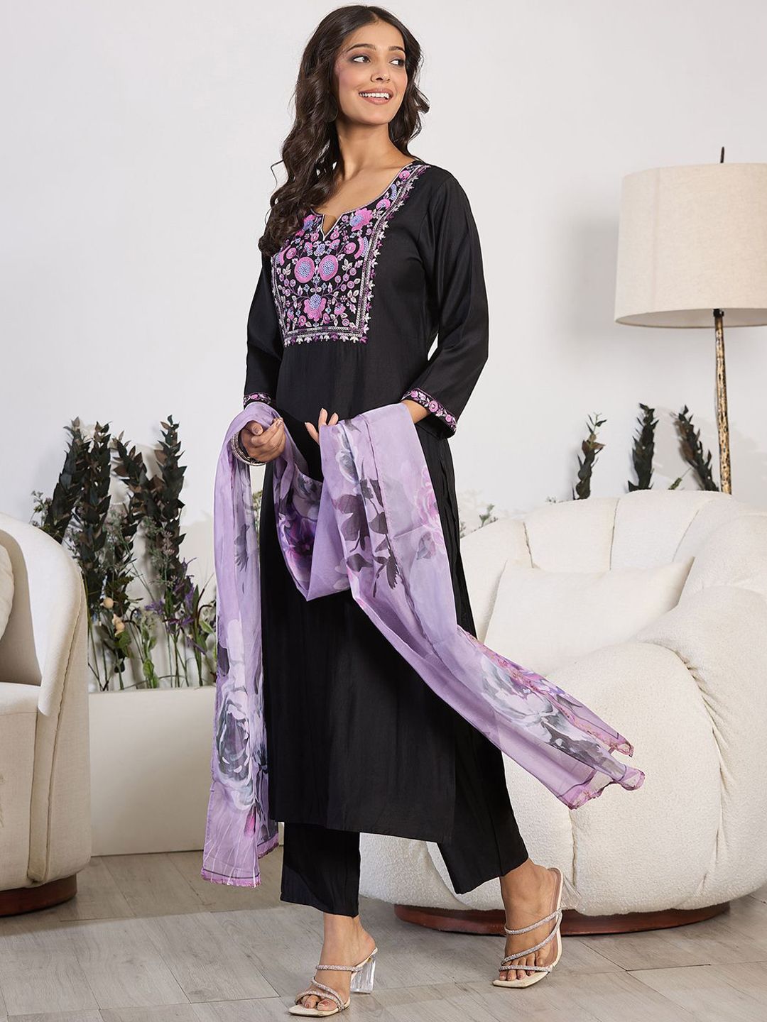 Indo Era Floral Embroidered Yoke Design Round Neck Regular Kurta With Trouser & Dupatta