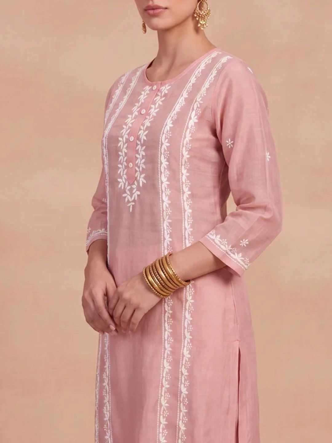 Rumah Wanita Chikankari Motif Etnik Bersulam Kurta Chikankari Biasa dengan Seluar