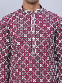 Jompers Floral Embroidered Thread Work Mandarin Collar Straight Kurta with Pyjamas