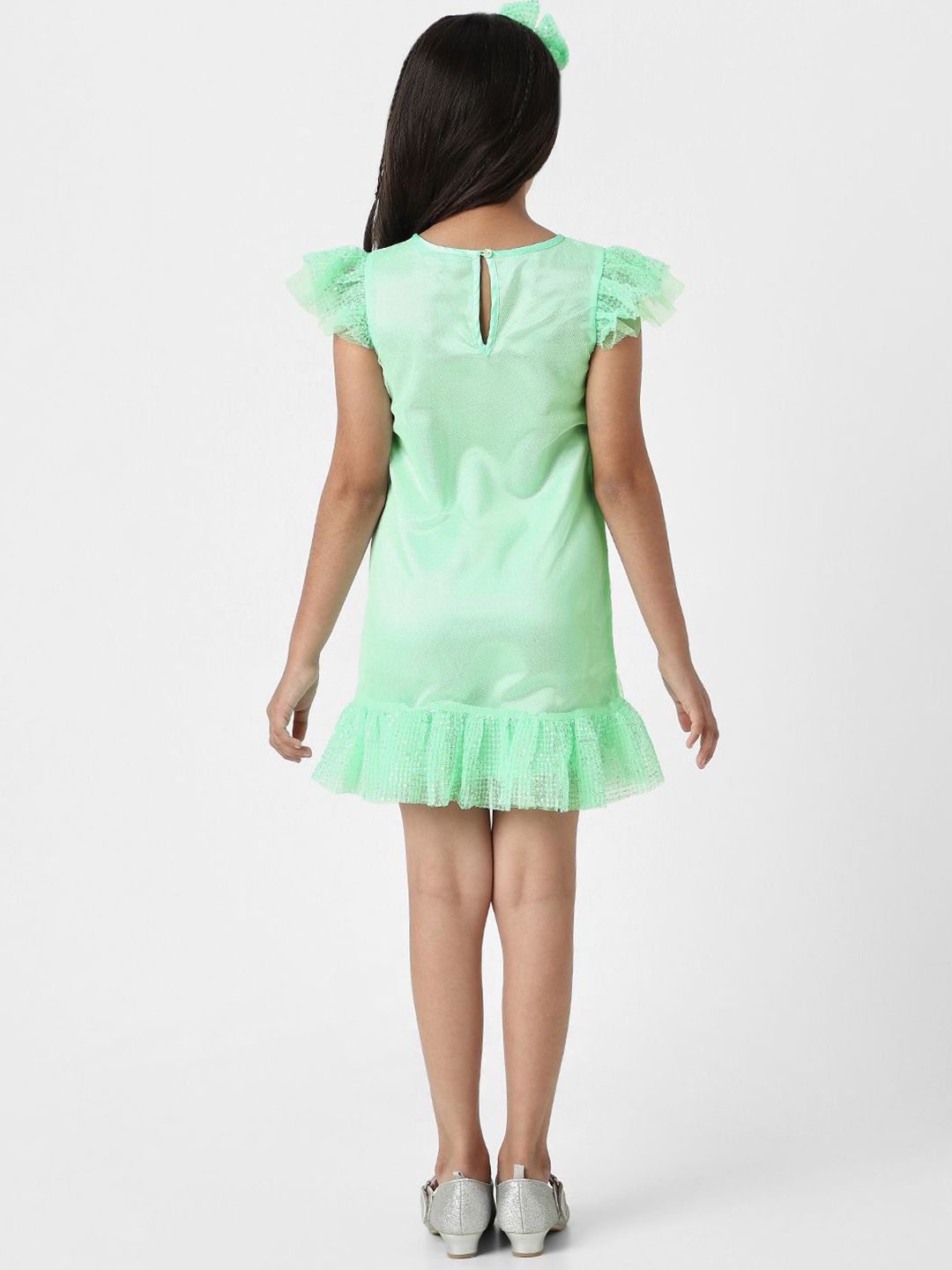 Nauti Nati Girls Green Mesh Embellished Sequin Party Frock With Headband