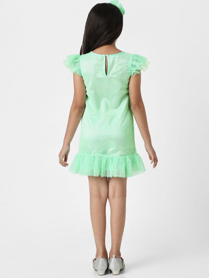 Nauti Nati Girls Green Mesh Embellished Sequin Party Frock With Headband