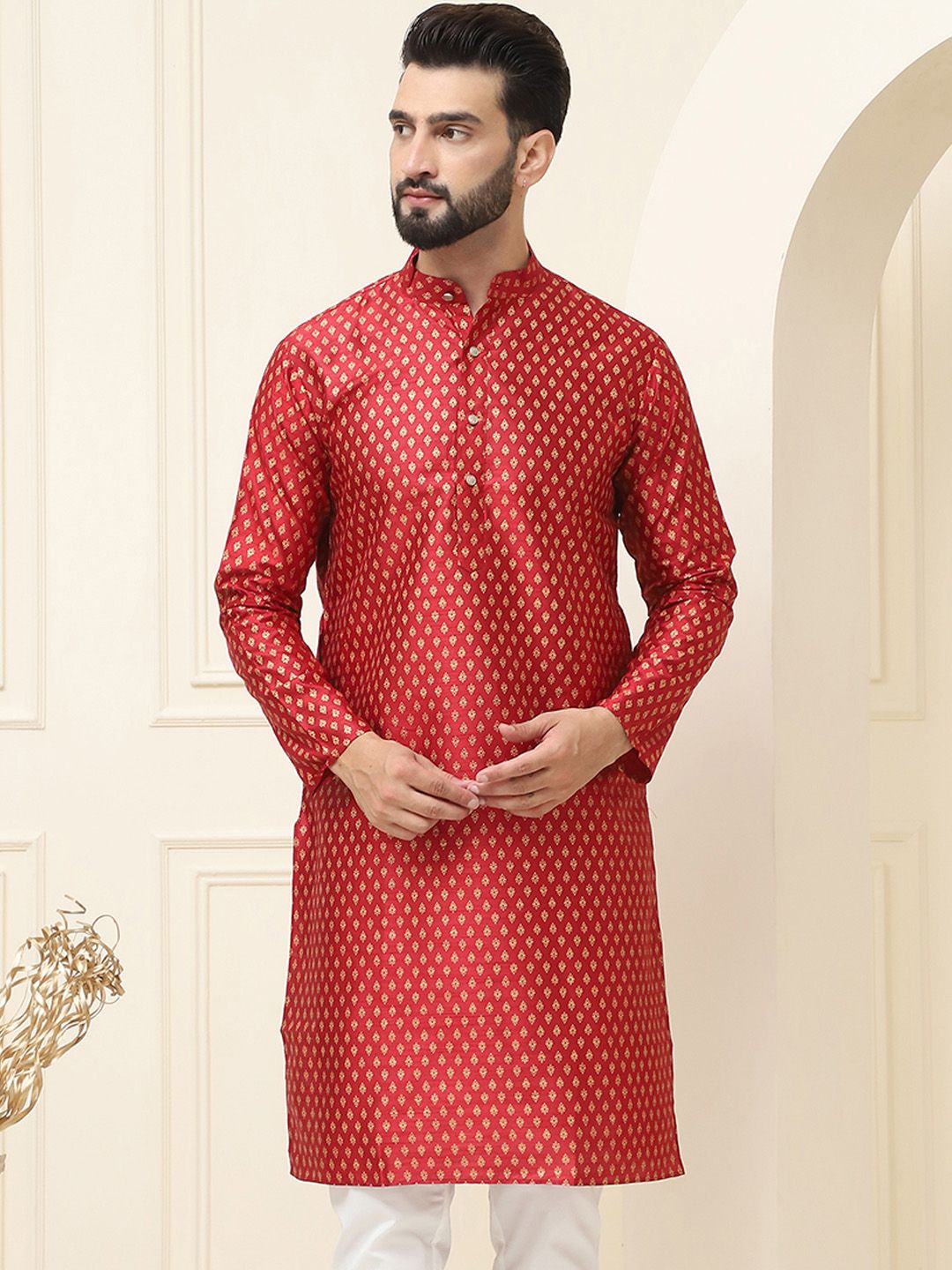 SOJANYA Motif Etnik Bercetak Kolar Jalur Lengan Panjang Kurta Sutera Biasa