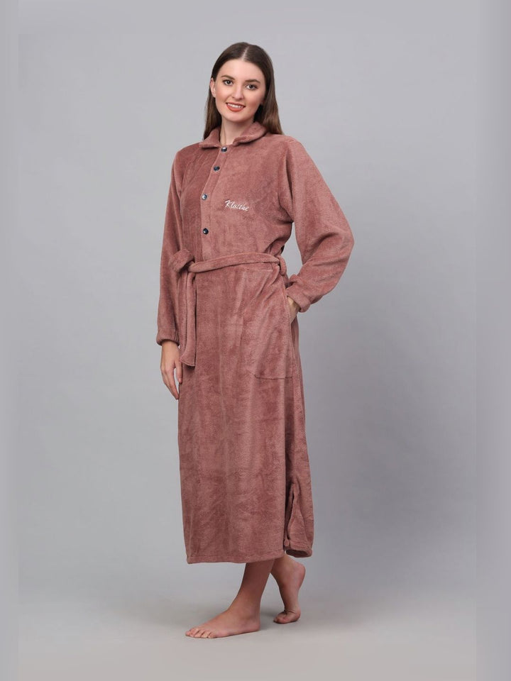 KLOTTHE Rust Woolen Long Sleeve Bath Robe With Belt