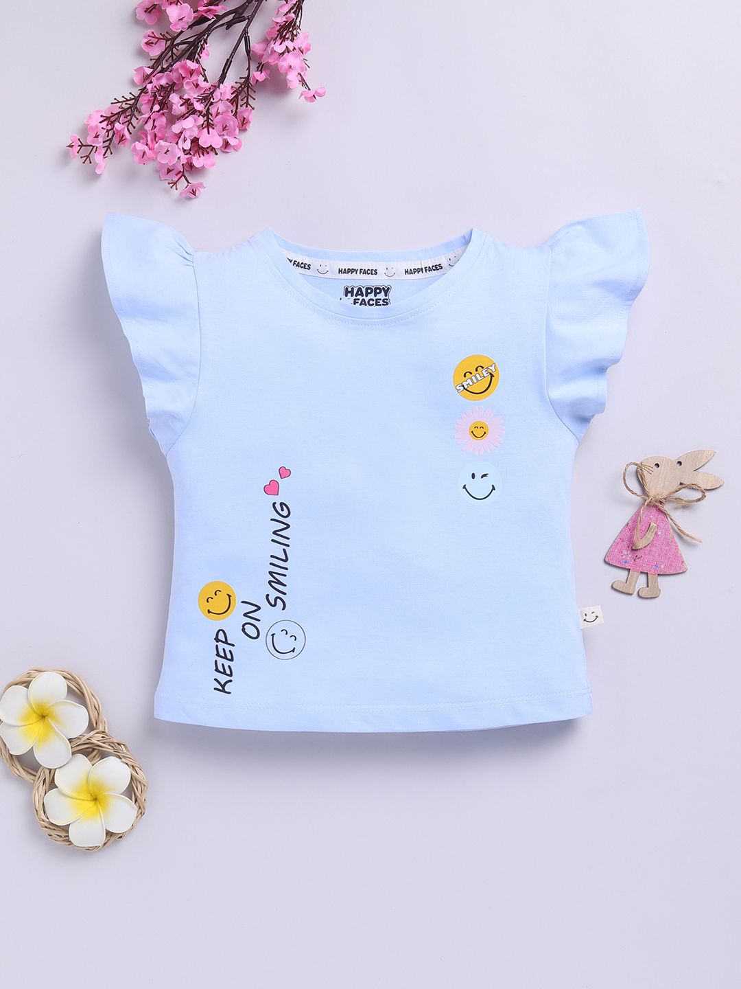 Happy Faces Girls Smiley Printed Pure Cotton Top