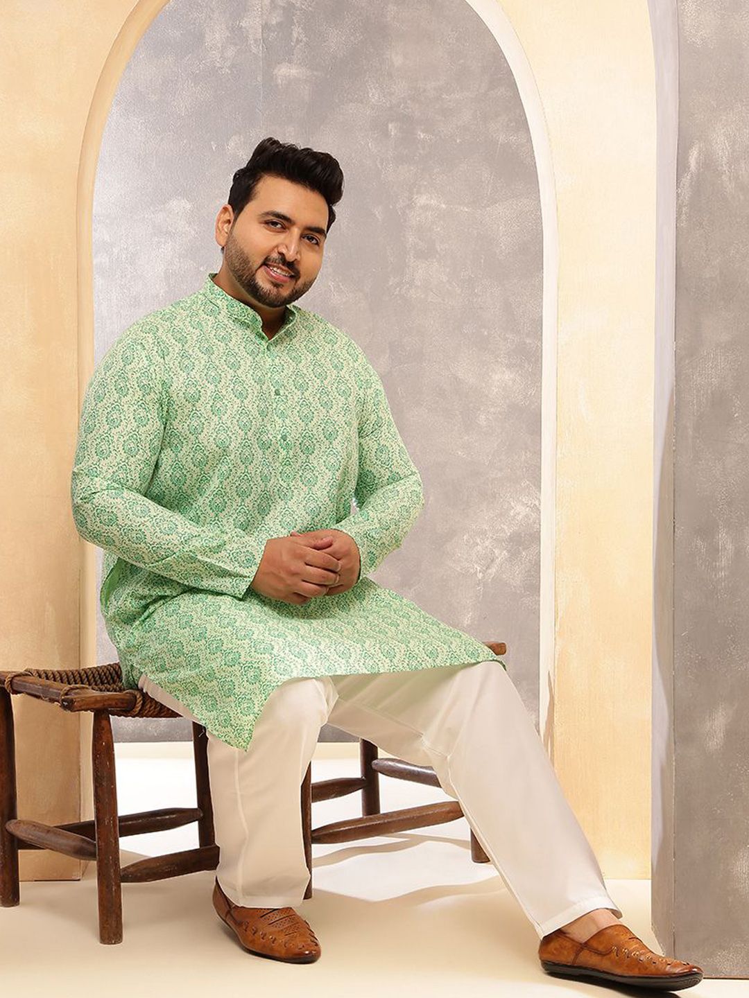 SOJANYA PLUS Ethnic Motifs Printed Band Collar Cotton Linen Straight Kurta With Pyjama
