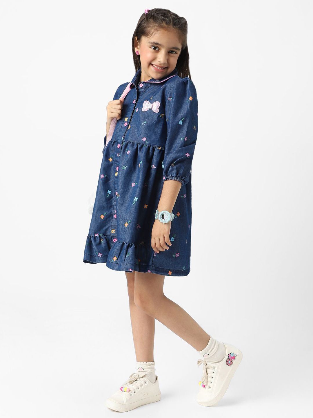Nauti Nati  Girl Denim Shirt Dress With Puff Sleeves