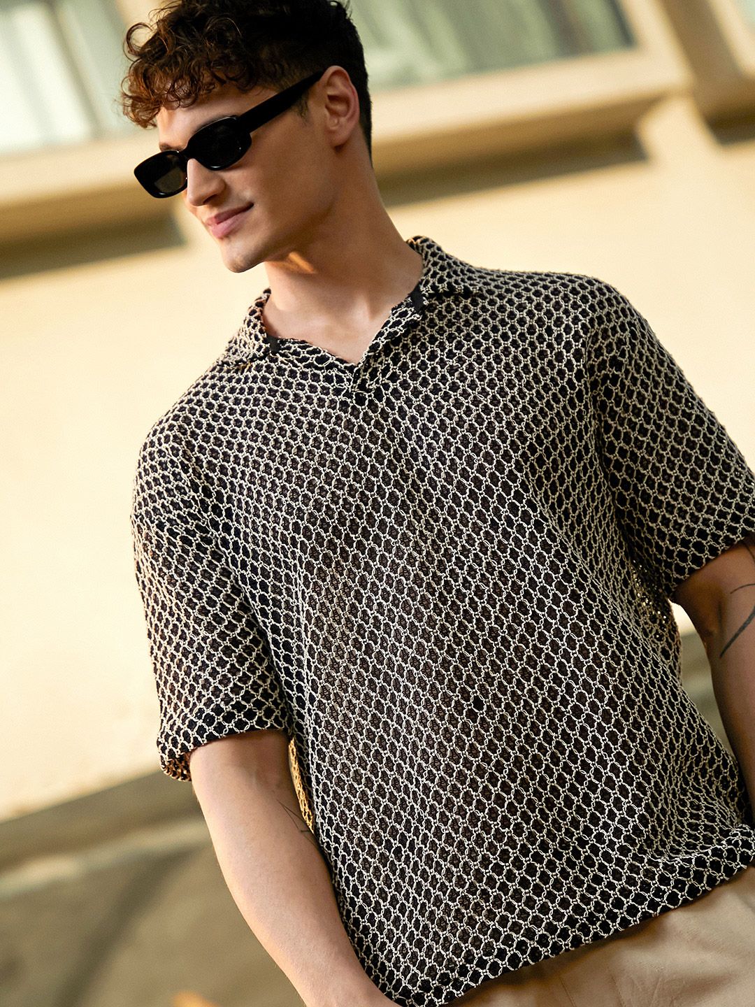 Campus Sutra Men Self Design Polo Collar Cotton T-shirt