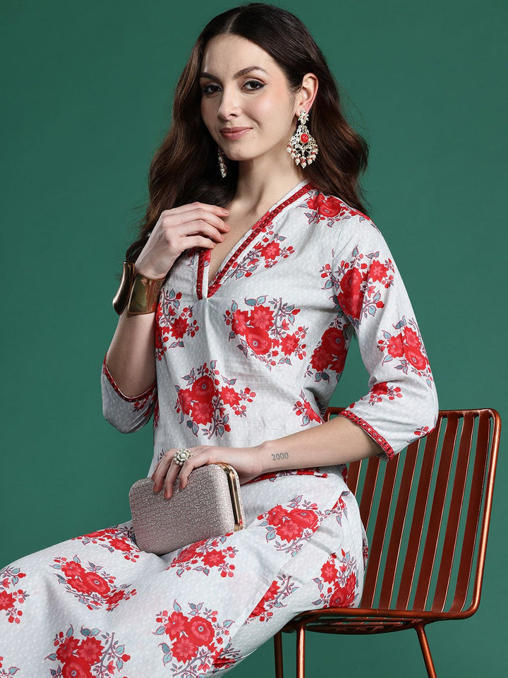 Indo Era Floral Printed Mirror Work Pure Cotton Kurta with Trousers
