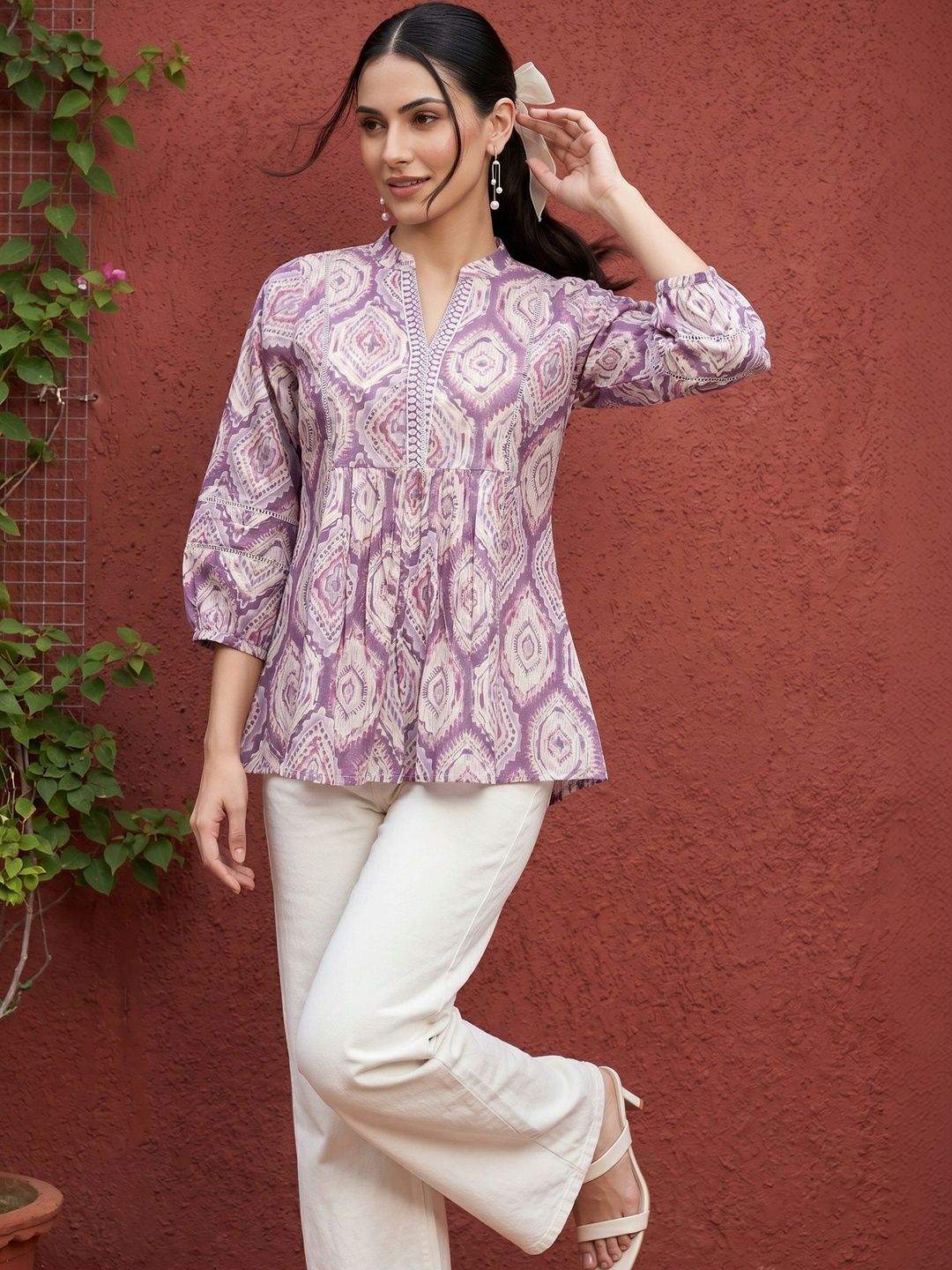 Mamicha Print Mandarin Collar Bishop Sleeves Cotton Top