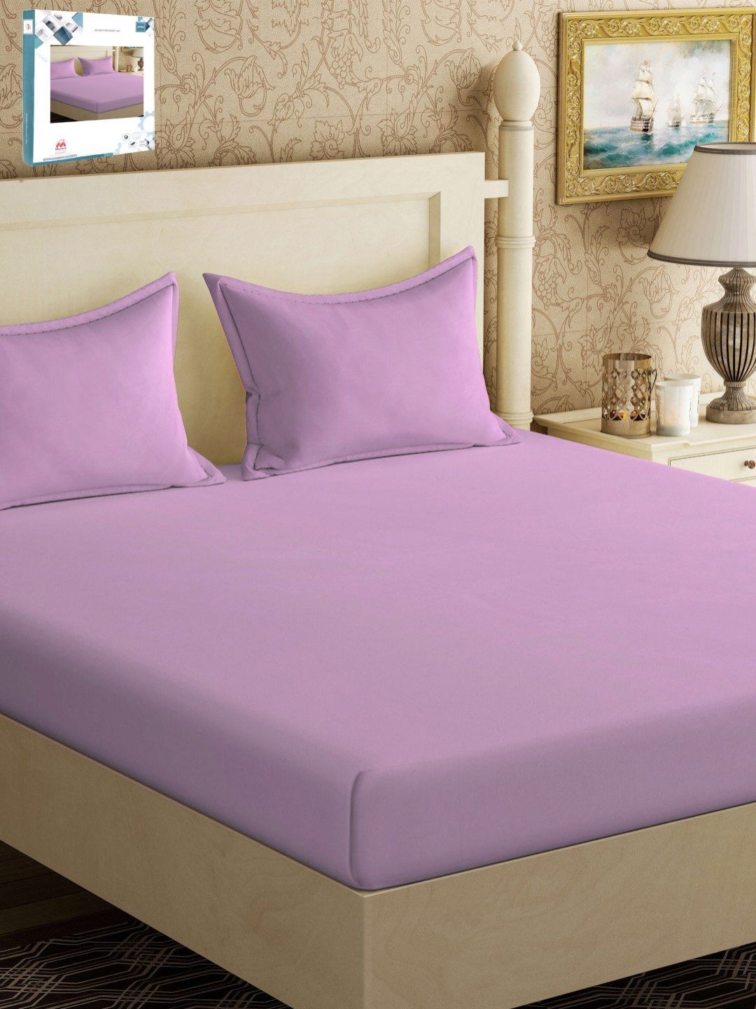 Myntra Elegant Homes Purple Solid 300 TC Fitted King Double Bedsheet with 2 Pillow Covers