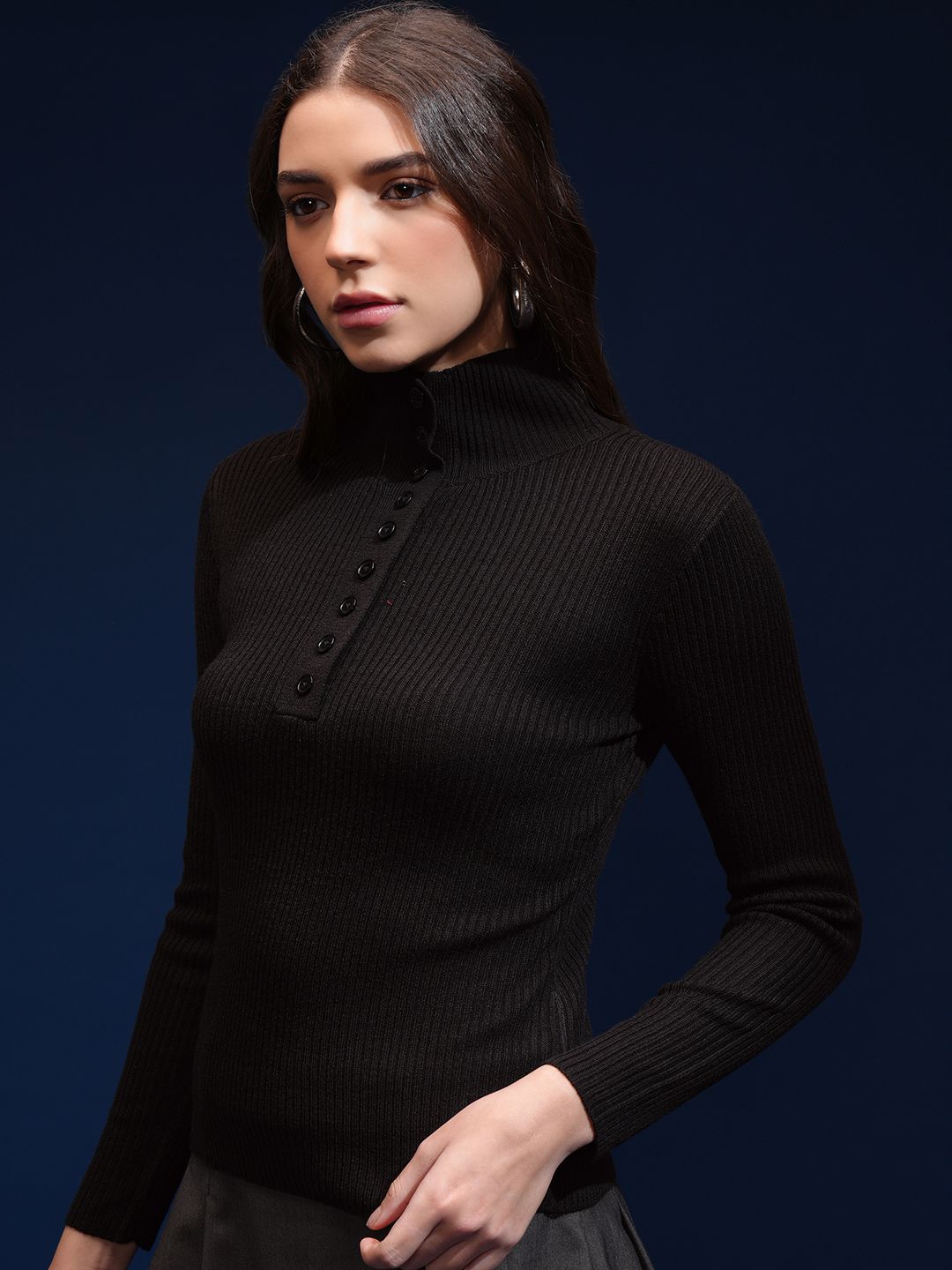 Tokyo Talkies Women Mock Collar Ribbed Pullover Sweater
