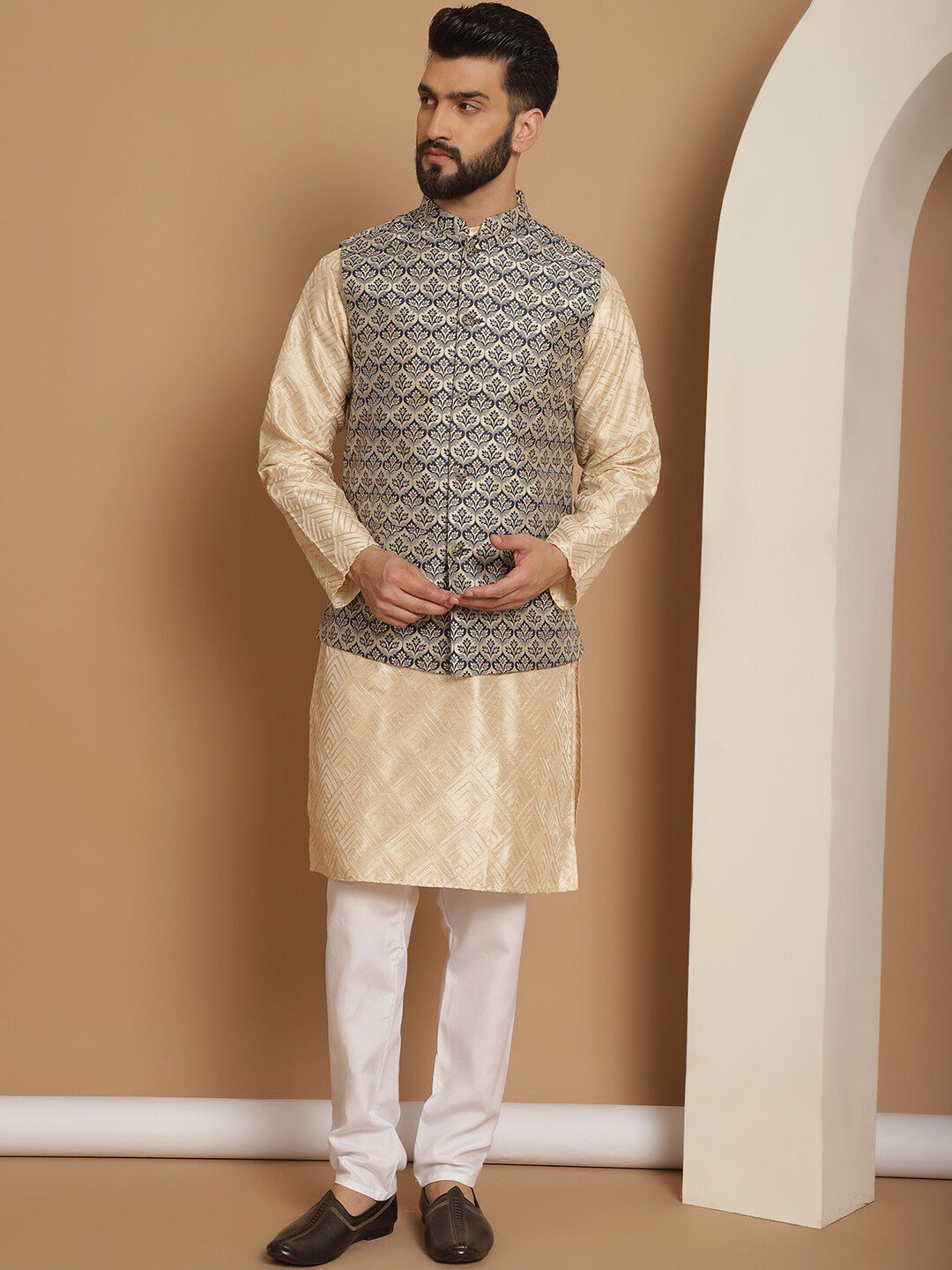 Anouk Embroidered Regular Kurta with Churidar & Nehru jacket
