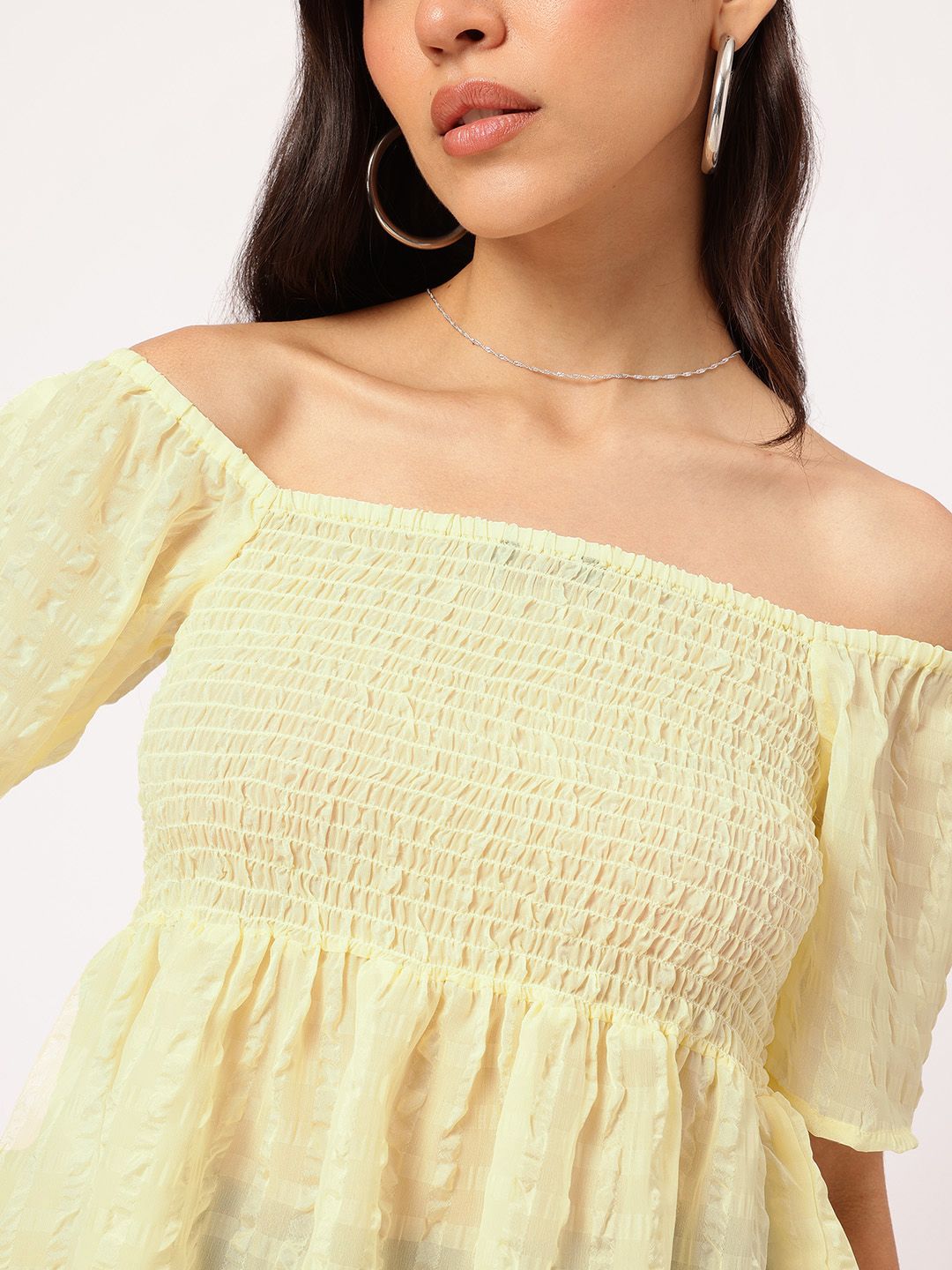 DressBerry Cutesy Couture Off-Shoulder Textured Smocked Top