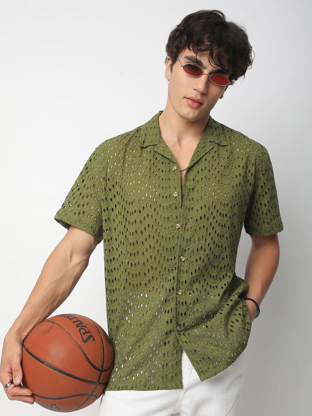 VASTRADO Men Classic Cuban Collar Textured Cotton Oversized Casual Shirt
