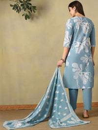 Mamicha Women Floral Printed Pleated Thread Work Pure Cotton Kurta with Trousers & With Dupatta