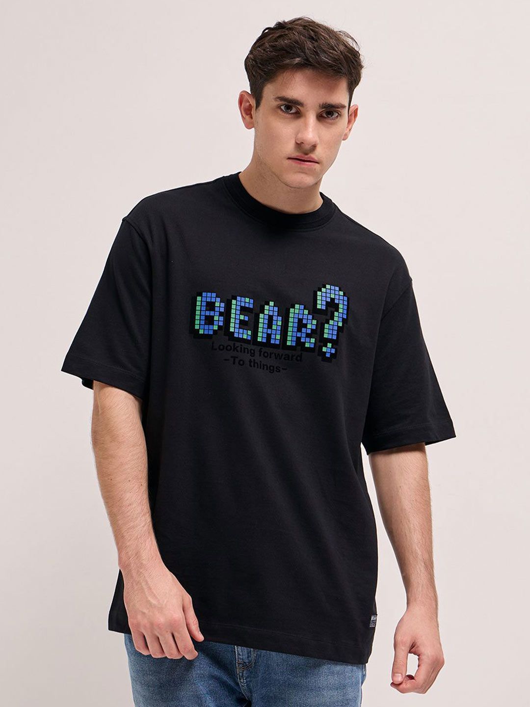 THE BEAR HOUSE Men Typography Printed Round Neck Pure Cotton Oversized T-shirt